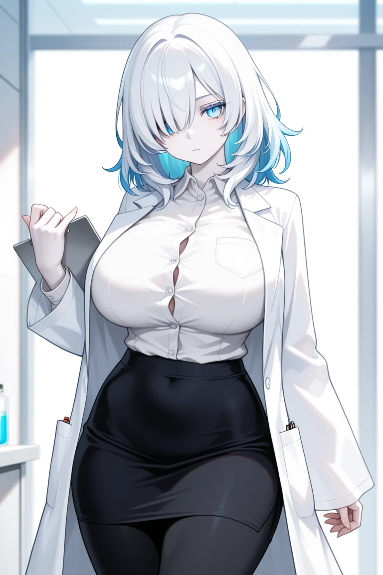 1girl, W \(arknights\), arknights \\\\\ masterpiece, best quality, very aesthetic, absurdres, newest \\\\\\ slim body,///// ,by nyantcha,cutesexyrobutts , by khyle,,////// ,,solo,, , ,,detailed face, , ,, , , , , beautiful face, (white background:1.2), , sexy, , orange eyes, , , rating:nsfw,,big tits,), in the center of the frame,,short hair, ,lingerie garter belt,, black openwork bra, wears a lab coat, hands in pockets stockings