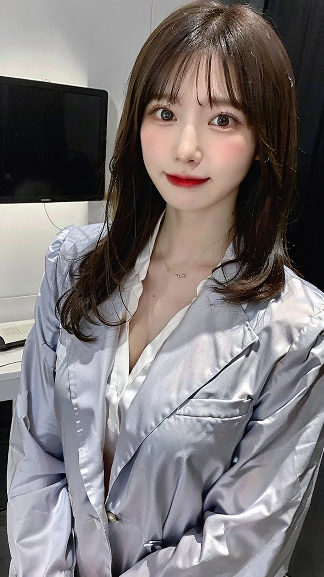 highest quality, High resolution, and 18, 1 girl, android 18, alone, blonde hair, blue eyes, short hair, Laughter and smile，earrings, jewelry, small breasts,  Sitting with your butt sticking out，Photographed from directly below，street, (external expansion chest: 1.2)，looking at the viewer,  (((Light gray business suit))), (business woman), ((highest qualityの, 16K, table top: 1.3)), light shines on your face, City street，split sitting，(I'm wearing navy blue and white striped panties.)，(I'm looking at my panties a little)
