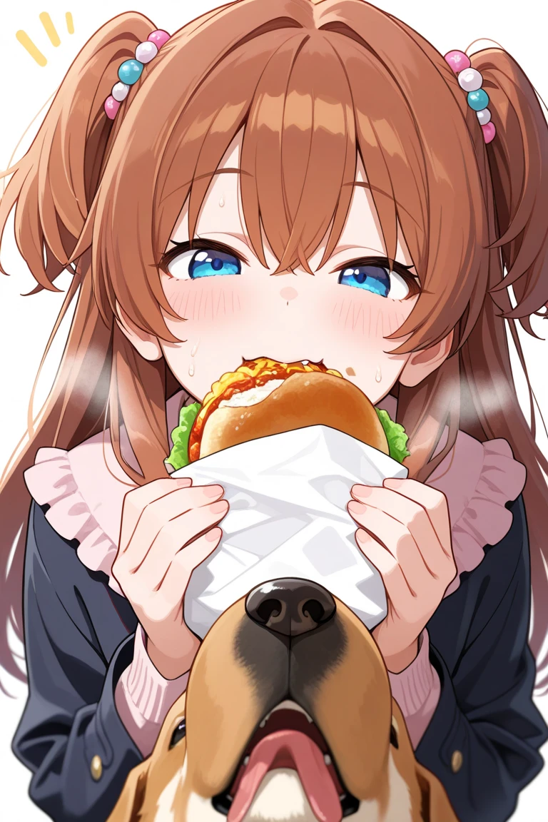 , cute girl, 18 years, eating a big sausages, smiling, at night festival, in summer