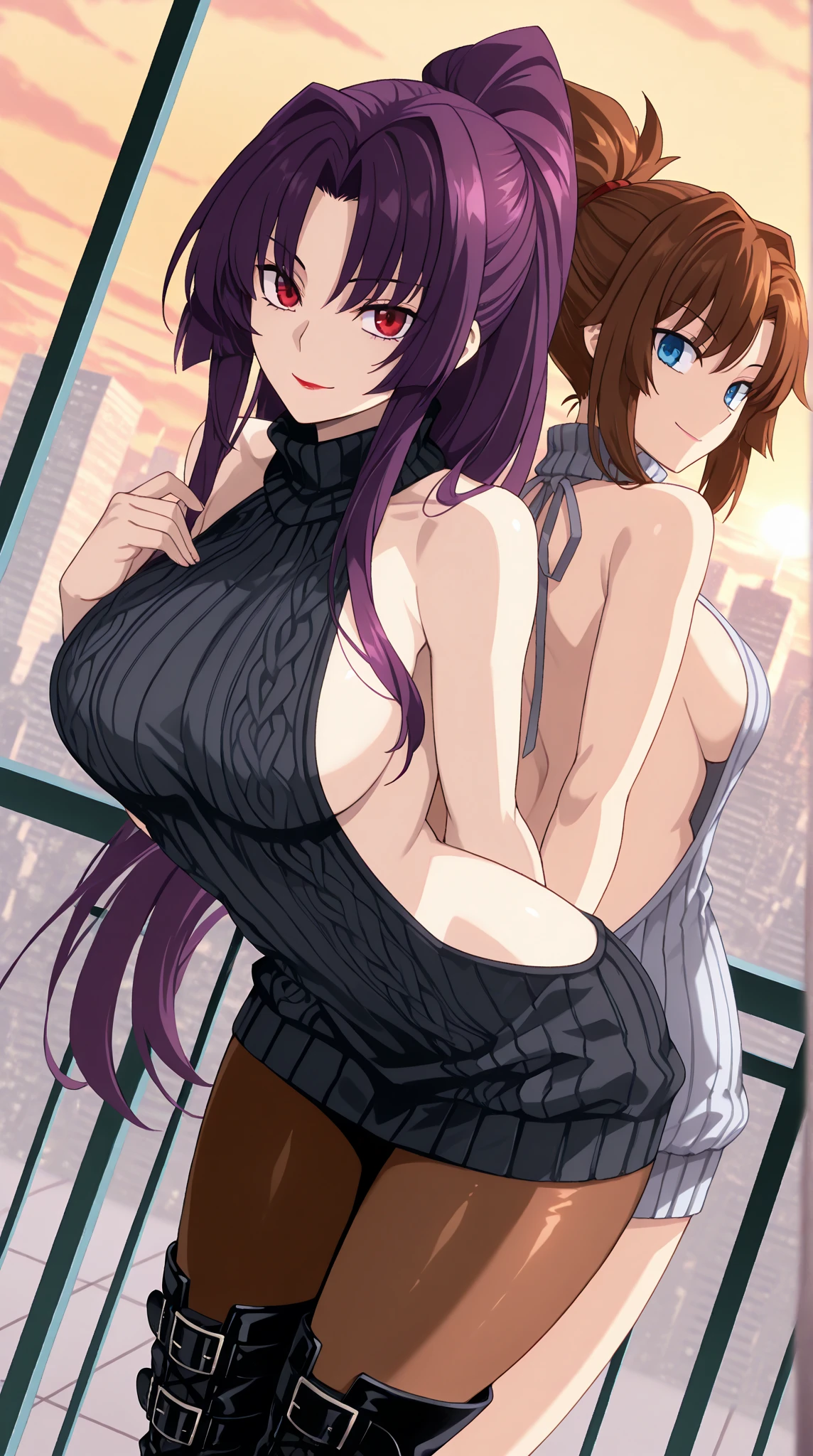 top view, girl, big boobs, cleavage, big hips, messy dark purple hair, orange eyes, balcony, leaning on the railing, sunset