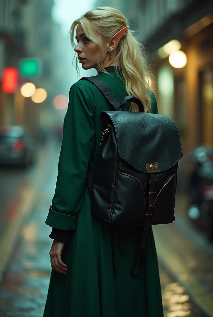 epiC35mm, blond female in a dark theme, backpack <lora:epiC35mm:1>