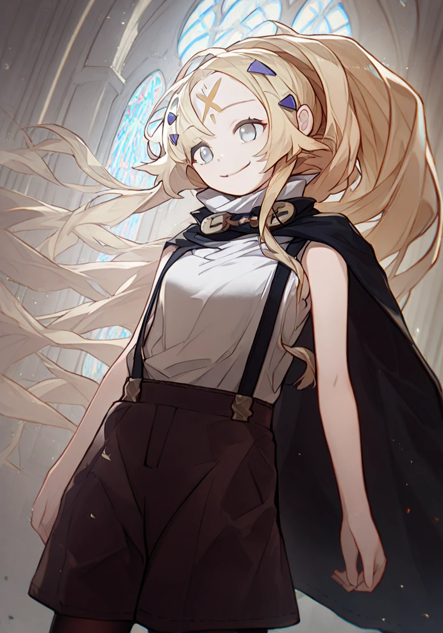 (score_9,score_8_up,score_7_up),Source_Anime,BREAK,1girl,solo,Smile,
church,Blonde,bungs, GREY EYES ,forehead mark,hair ornament、No corners、Big Ponytail、
white shirt,suspenders,sleeveless,cape,brown shorts,black pantyhose,