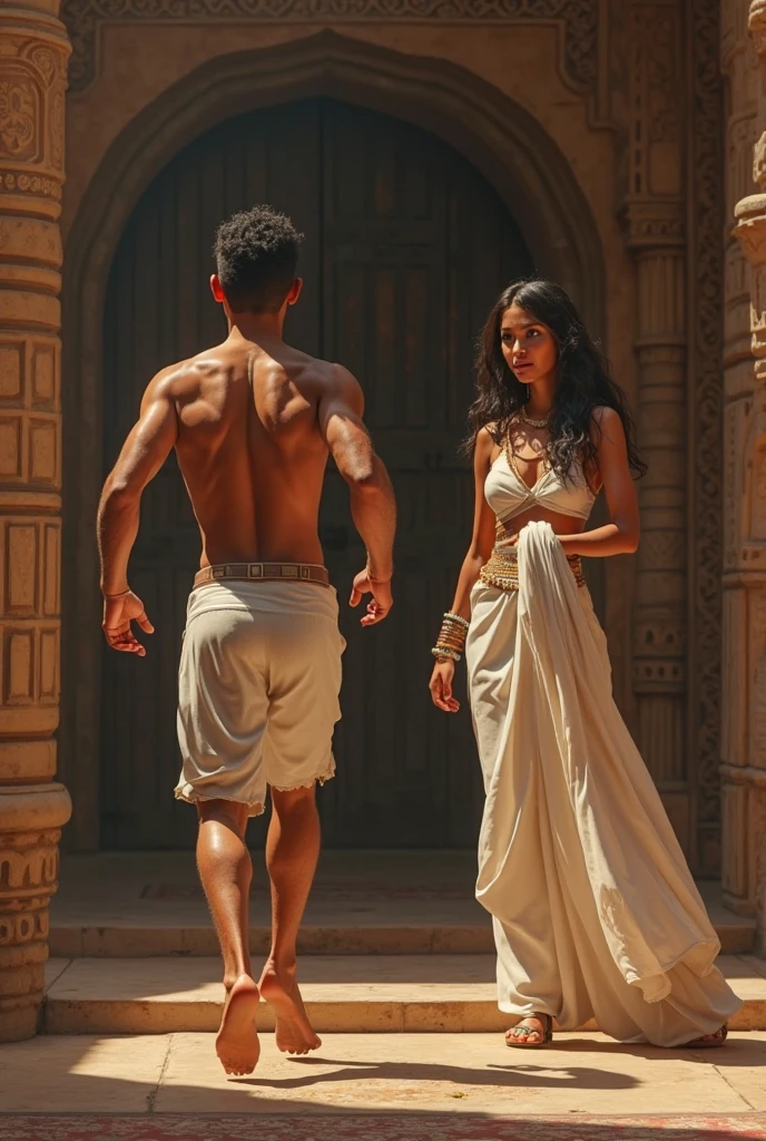 Create a scene where inside a room a fair, smiling and beautiful Indian woman in black satin salwar is carrying a large man on her shoulders, man is sitting on her shoulders , dynamic lighting