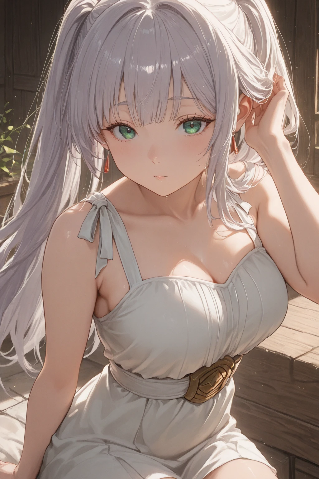 (from above:1.2),(from the side:0.9),(A masterpiece of image quality in 8K),(Beautiful Alafide woman),(((emphasizing breasts:1.1))),(Dynamic Angle),(Dynamic and sexy bending posture:1.3),(sit on the chair:1.1),(short hair,Shiny silver and orange interior,Small, plump breasts,Disorganization of clothing due to exercise,Slipping breasts,(Ponytail,Decorated with delicate braids and beads,Braided fishbone hair,),(See-through bang),(perky chest:1.1), (Pointed chest:1.3), Small Breasts、(((A white lace apron that shows your bare skin from under your Small Breasts)))、blush、Fascinated eyes、A smile that fascinates the audience、(Looking Back:1.7)、Look at the photographer,Sweat sparkling skin,Watching the audience,,(Professional lighting),(8K,On the table,Top quality,Ultra-high resolution output images,),(Ultra HD with intricate detail image mode),Depth of Field,Beautiful hands,Beautiful hands指,Detailed finger features,(Detailed hair features:1.7),Detailed facial features,Detailed clothing features, (perky chest:1.1), (Pointed chest:1.3), Seductive weak smile,(With sparkling eyes and an infectious smile),Small open mouth,