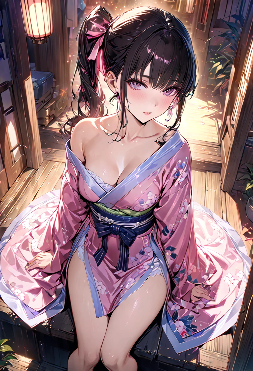 absurdres, RAW photo, extremely delicate and beautiful, masterpiece, Best Quality, ultra high resolution, 32k, hyperrealistic, ultra-detailed, in her 20s, delicate facial features, tearful mole, earring, medium breasts, full body shot, shorter middle hair, black hair, ((kimono)), ninja, samurai,