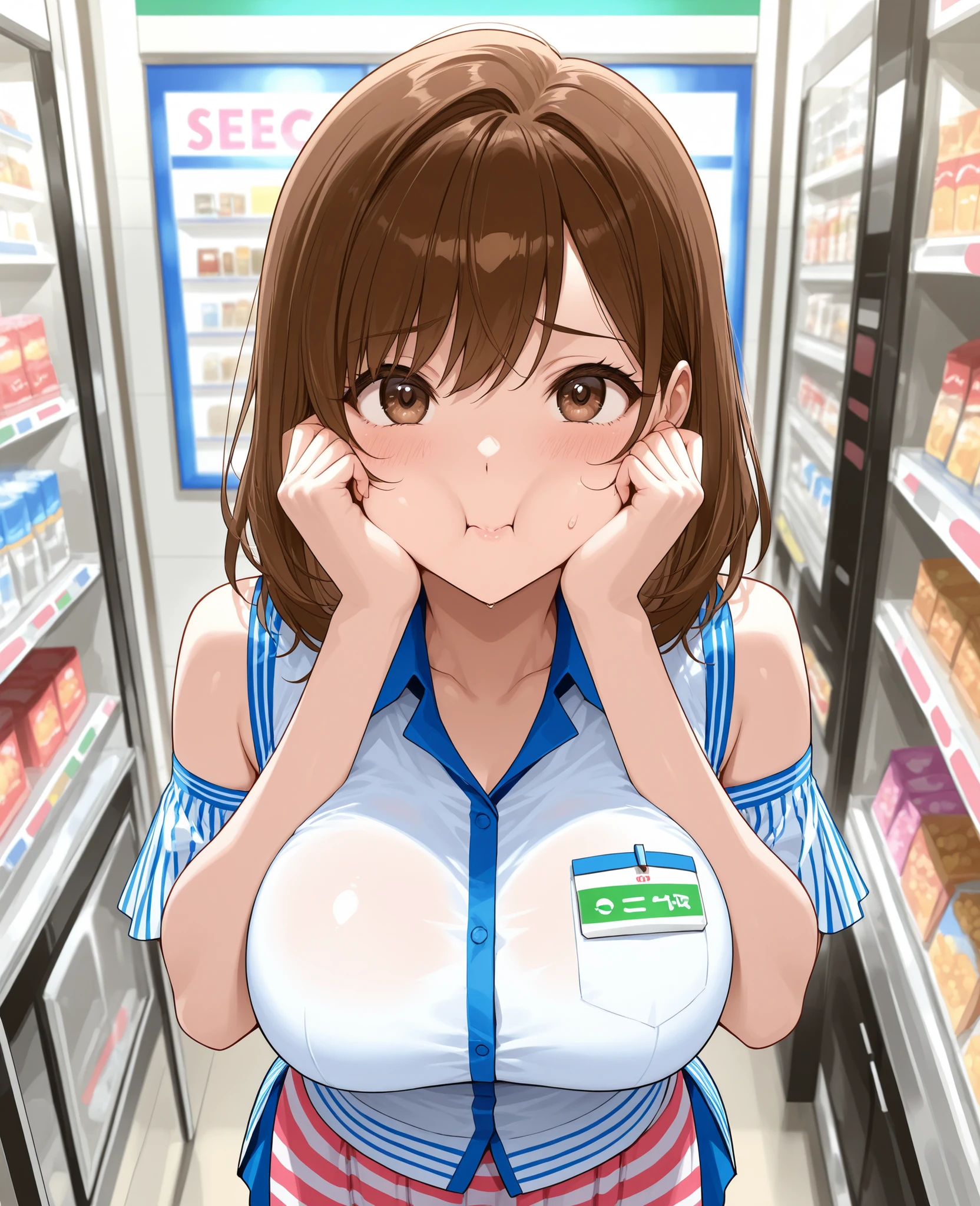 Nagino Sakura, brown eyes, brown hair, hair band, medium length hair, empty eyes , Running, wearing nothing, big anime eyes, , shiny hair, bare-skin, navel, the groin, BREAK in front of convenience store, large breasts、 Nipples, nsfw, nipple , wet, Flooding. sea. solo