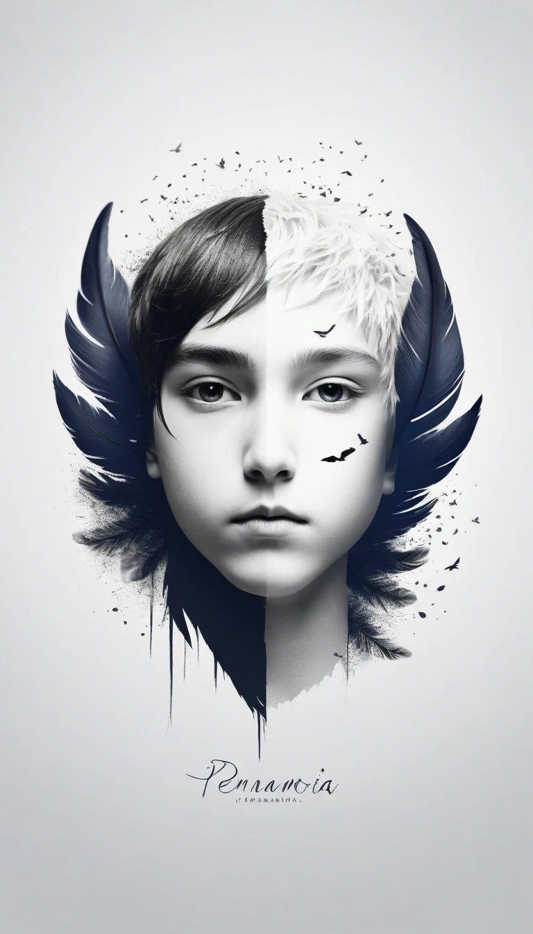 A minimal, modern, simple, cinematic logotype of a boy with a head full of feathers for the brand “Penamemoria" .