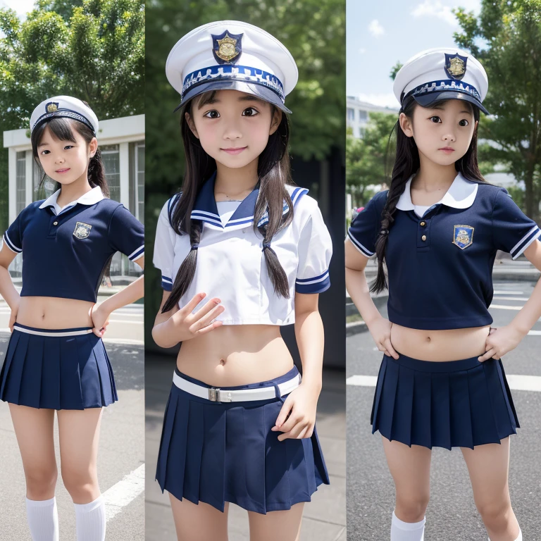 beautiful illustrations、highest quality、ultra high resolution、Professional specifications、(((Only one elementary school student))、light blue school sailor uniform、very short skirt、((Police Officer Cap))、short sleeve、&#39;face、(on all fours: 1.3)、Crouch start、Adult male on top