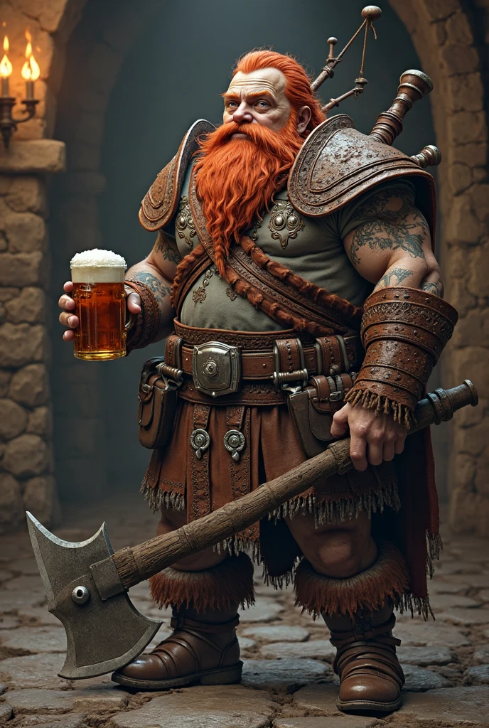 A dwarf of D&D, drunk-style monk, with poor clothes and a bottle of beer in hand.