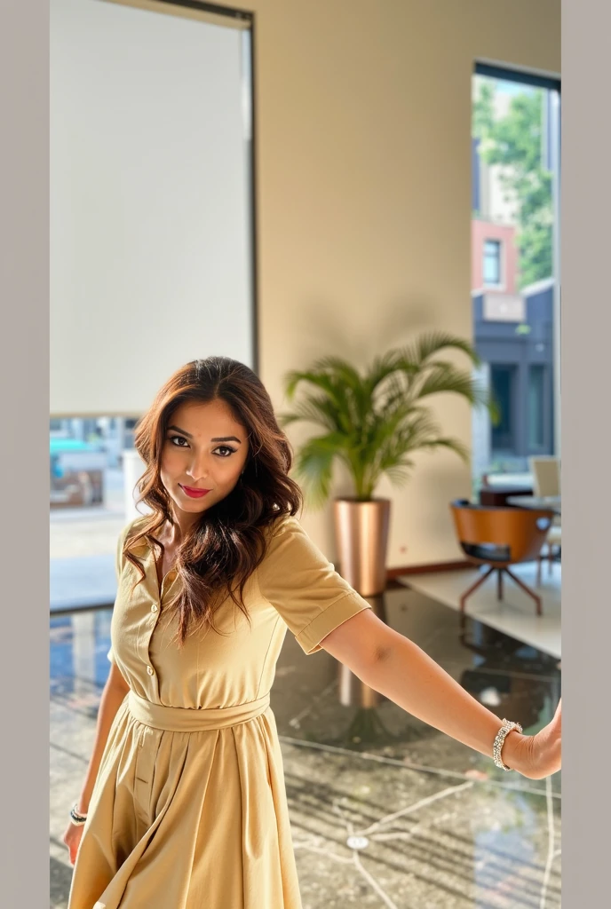 A 20 years girl color white wearing normal not much morden dresses mirror selfie in indian morden home where all technical material are available like tv wifi ac etc the photo should be like the image which will be shown in the mirror and not full only upper from the weist