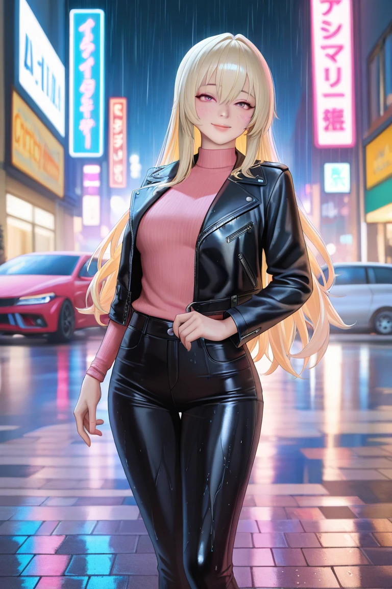a sexy girl, with BLONDE hair, She is in the city, and is wearing a red jacket open over a WHITE BODY, Blonde with bangs, Blue eyes, visible nipple, view from behind sitting