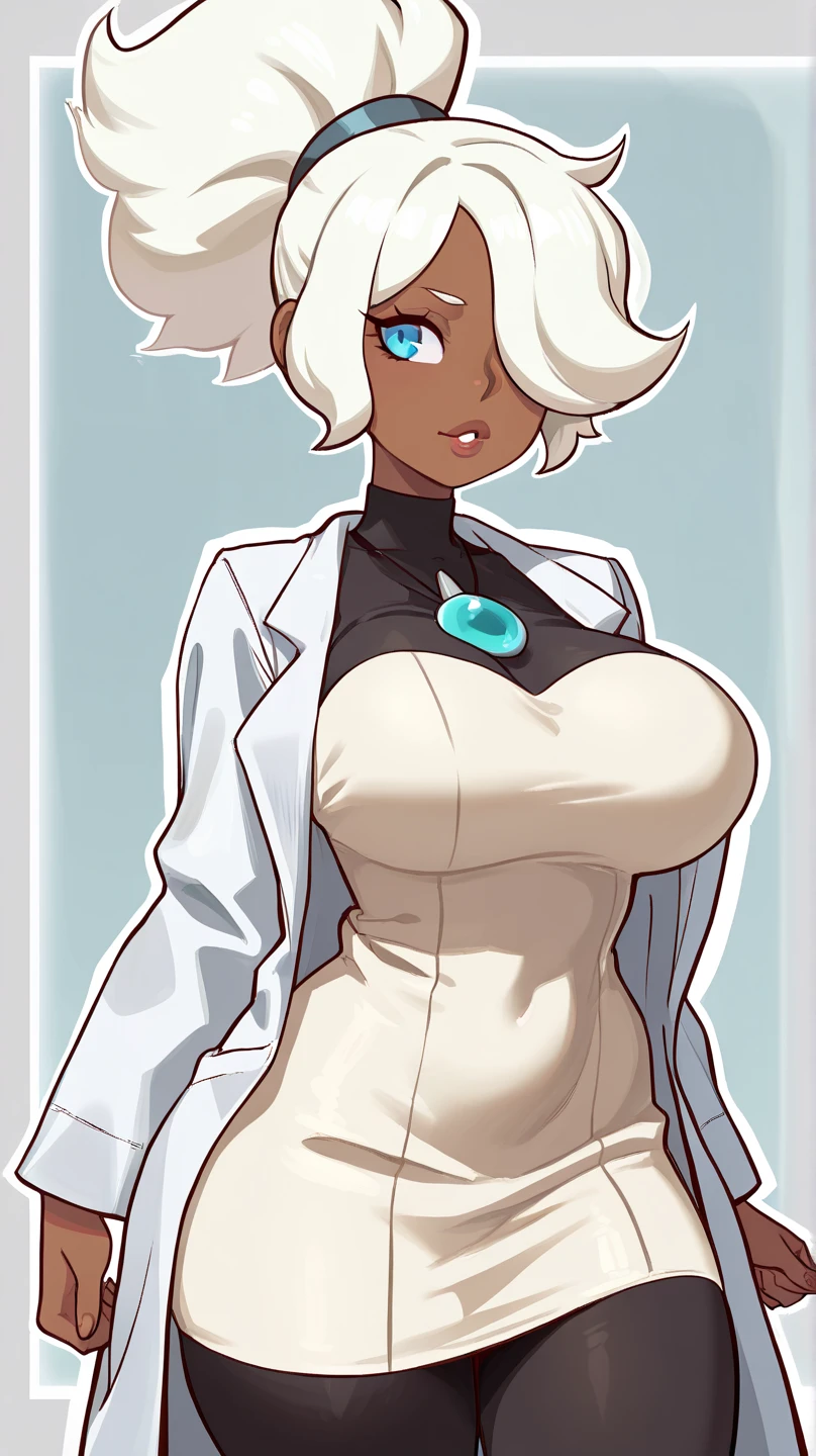 Dark-skinned nurse,with white hair and cat ears,showing the nipples of her big breasts,with a serious eye,showing her hairy pussy