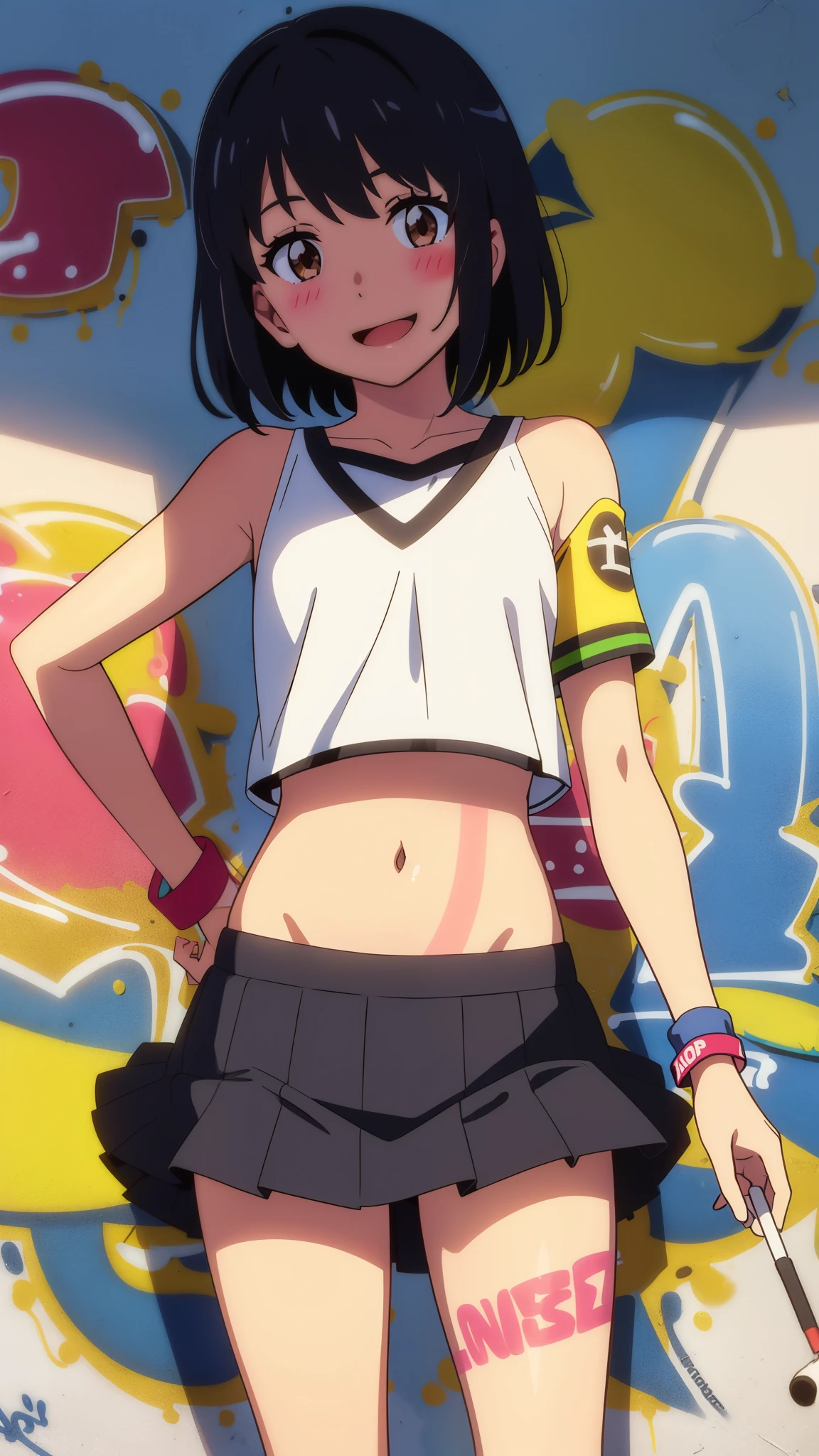 shinkai makoto, kimi no na wa., 1girl, bangs, black hair, blush, brown eyes, shinny skin, white crop top, looking at the viewer, red headband, red ribbon, short hair, smile, cute, solo, black pleated skirt, bare shoulders, smile, paint splatter, against wall, armband, head tilt, perfect body, (best quality, masterpiece), (graffiti:1.25)