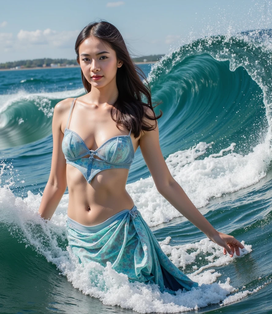A beautiful, large Isaan woman wearing a two-piece swimsuit made from brightly dyed seaweed stands on the beach holding a very large sea shell with both her hands.