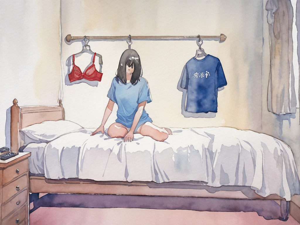 a young girl is in a room with some bright lights and colorful stuff on the walls, girl sitting on the ground, touching her stomach and her breasts, a collection of sketches of several women sitting and standing in front of each other with a woman, two pages show a woman in underwear lying on her bed next to another girl wearing a thongy panties