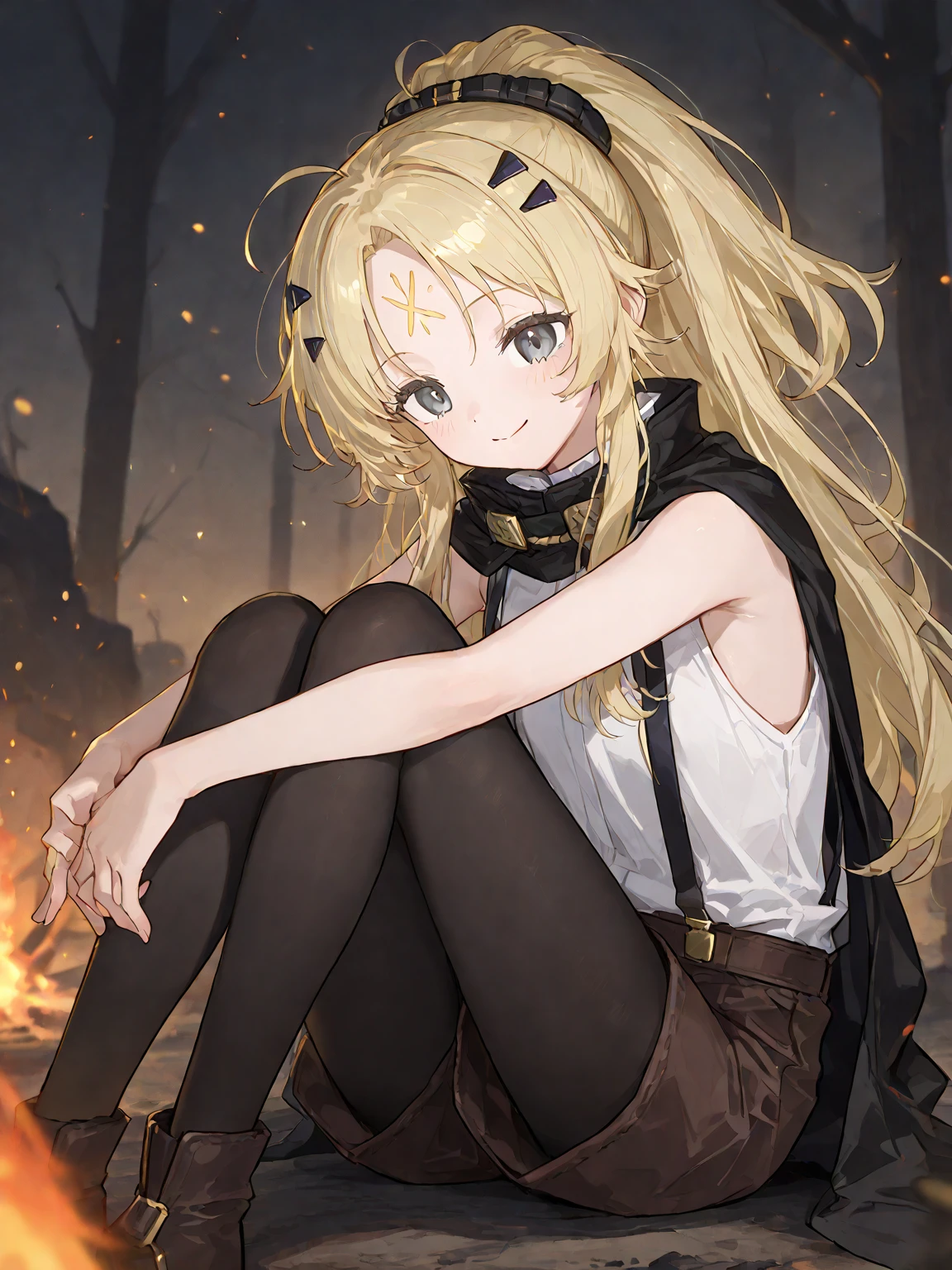 (score_9,score_8_up,score_7_up),Source_Anime,BREAK,1girl,solo,Smile,
Blonde,bungs, GREY EYES ,forehead mark,hair ornament、No corners、Big Ponytail、
white shirt,suspenders,sleeveless,cape,brown shorts,black pantyhose,wilderness、Bonfire lights near me、sitting、hold your knees、