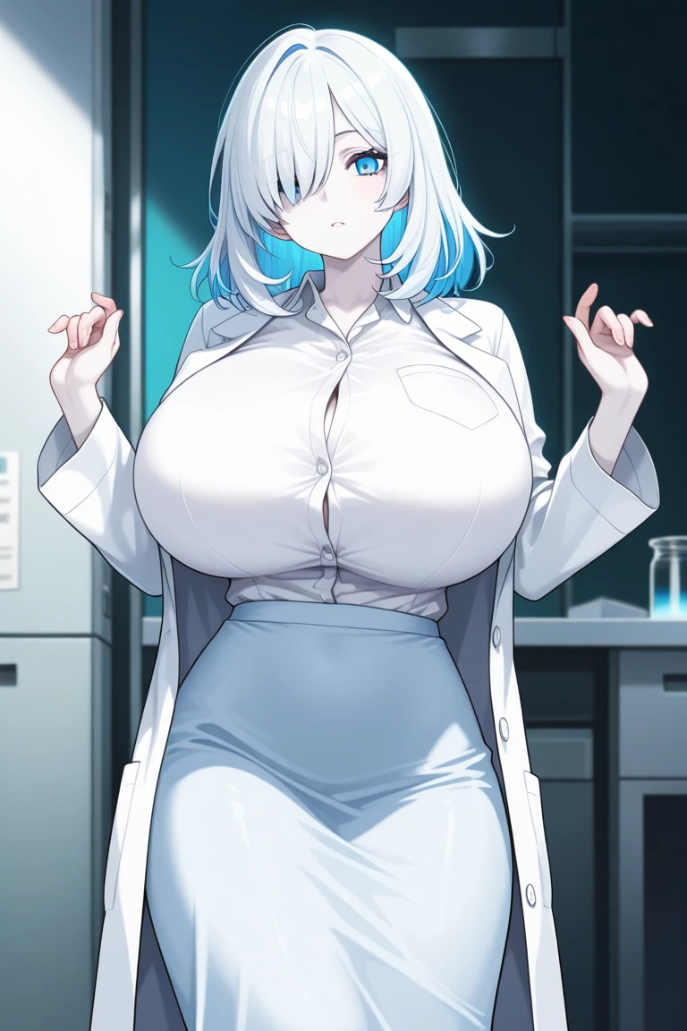 One woman、27-year-old female、Huge breasts:1.3、sagging breast:1.3、White、white coat、white gown、Black inner shirt、Anime girl in a brown dress and white coat posing for the camera, tits, (SFW) Safe at Work, breasts covered and SFW, (doctor), chic, Revealing clothing, Big Breasts!, have large breasts, SFW huge breasts, tits proportions, honest shinka, Big Breasts!!, honest, Whiteを着て, Cel-shaded adult animation