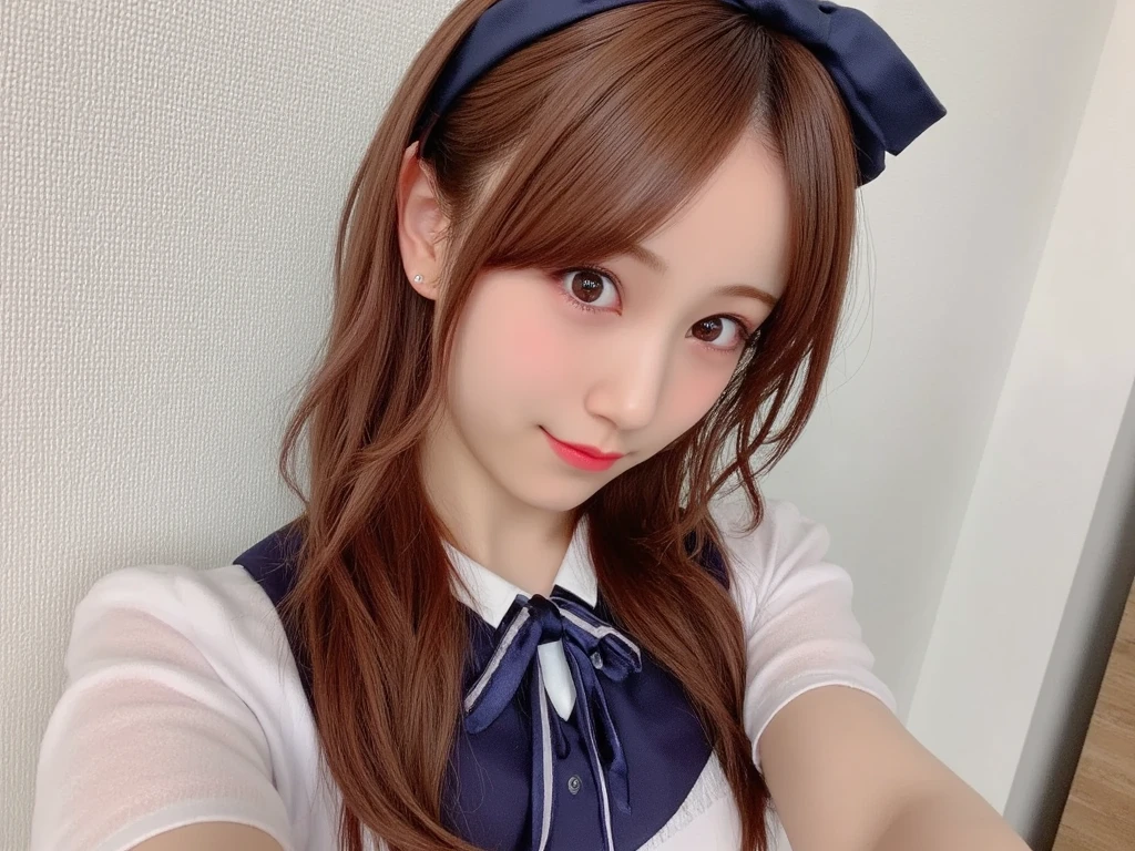 4K, masterpiece, 8k, high quality, 最high quality,10歳のcute少等生, Very white skin, Long brown hair，a bit，Low length，freckles，Thin eyebrows，Straight bangs，(Flat Chest) ，feminine, freckles, Tilt, elegant, elegant, cute, smile, cute, Hilarious, belly button, Denim Low Rise Mini Skirt, ((Black knee socks)), (Ugly clothes)、((Gray background))