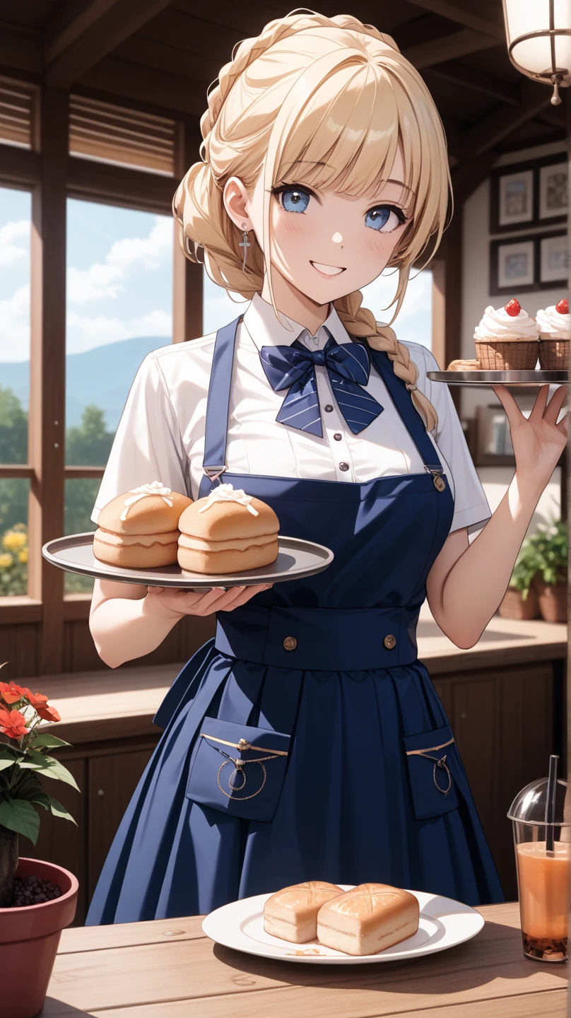 best quality,medium quality,(1girl), (solo),ohara mari, love live! sunshine!, hair rings, blonde hair, yellow eyes, crown braid, medium hair, large breasts , kobeya uniform,blue skirt, blue neckwear, gingham apron, Bakery,from front, standing posing,smile,