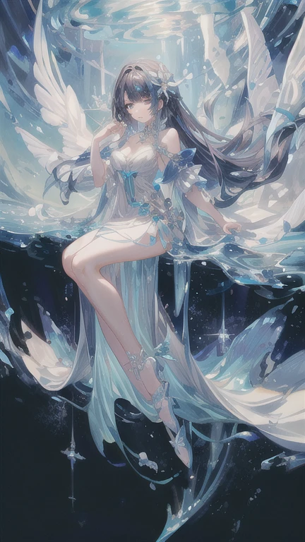 (2/3 body photo:1.5)wood, Exquisite mini ice spikes and crystals, Frozen waterfall in the background, Light reflected by ice crystals, Flowing snowflakes.1 girl, Beautiful woman、pretty girl,A realistic person,Beautiful cleavage,((small breasts)),Thin legs、Curved waist、stand