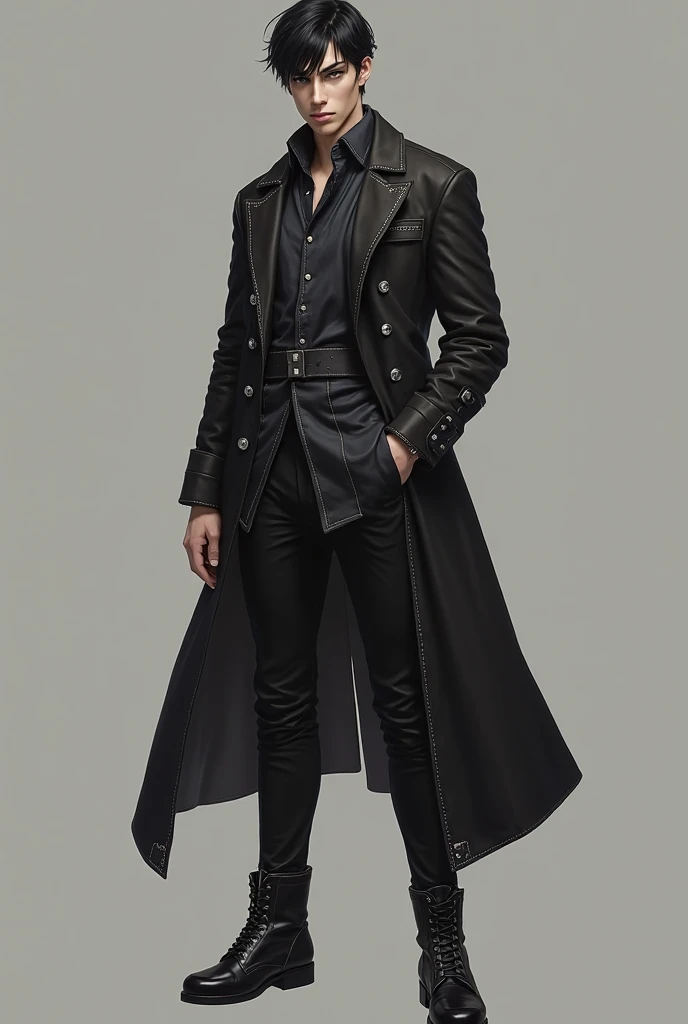 a young 18 year old man, medieval, black hair, black eyes, white skin, realistic skin, standing pose, realistic skin, short hair