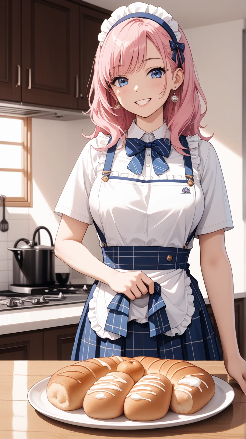 A cute woman is cooking in an apron