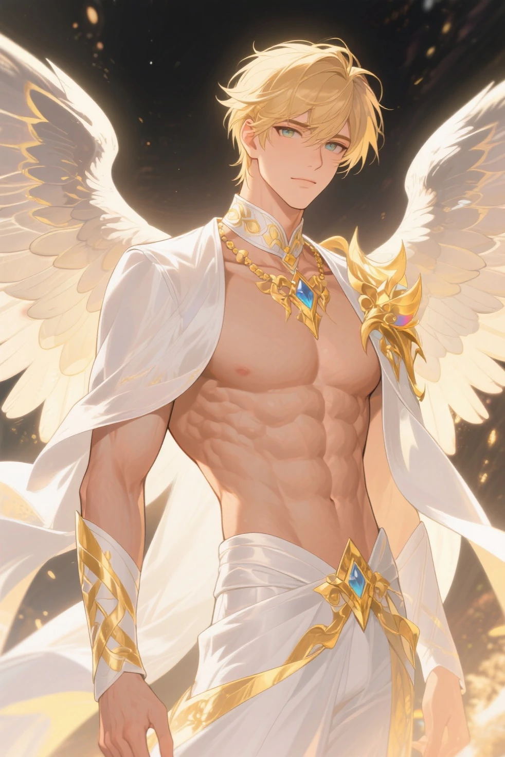 (extremely detailed CG unity 4k wallpaper),(masterpiece),(best quality),(ultra-detailed),(best illustration),(best shadow),(absurdres),(detailed background), Young male angel, Blonde hair, Blue eyes, Massive White wings, Halo, Muscular, Happy smile, shirtless,