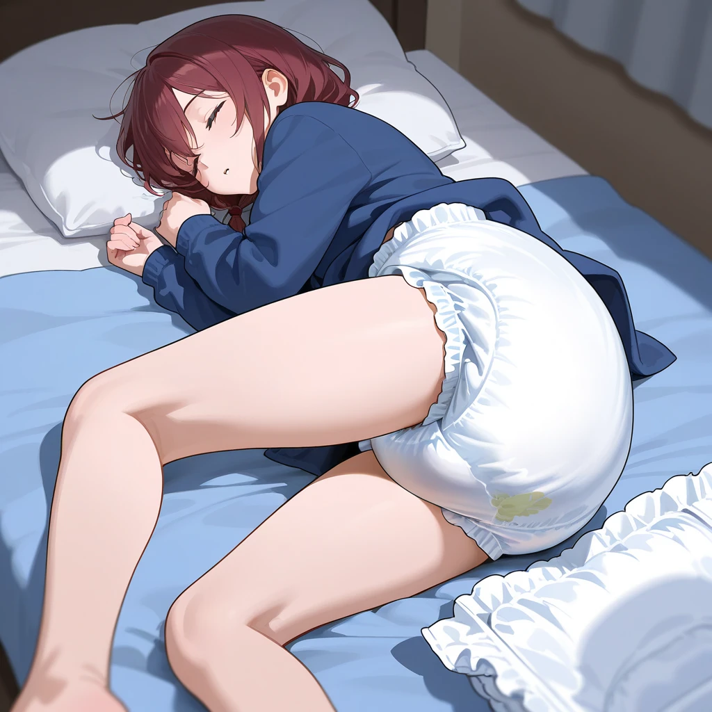 She is sleeping on the bed.  She has her pajamas with her Hand Flying on ass