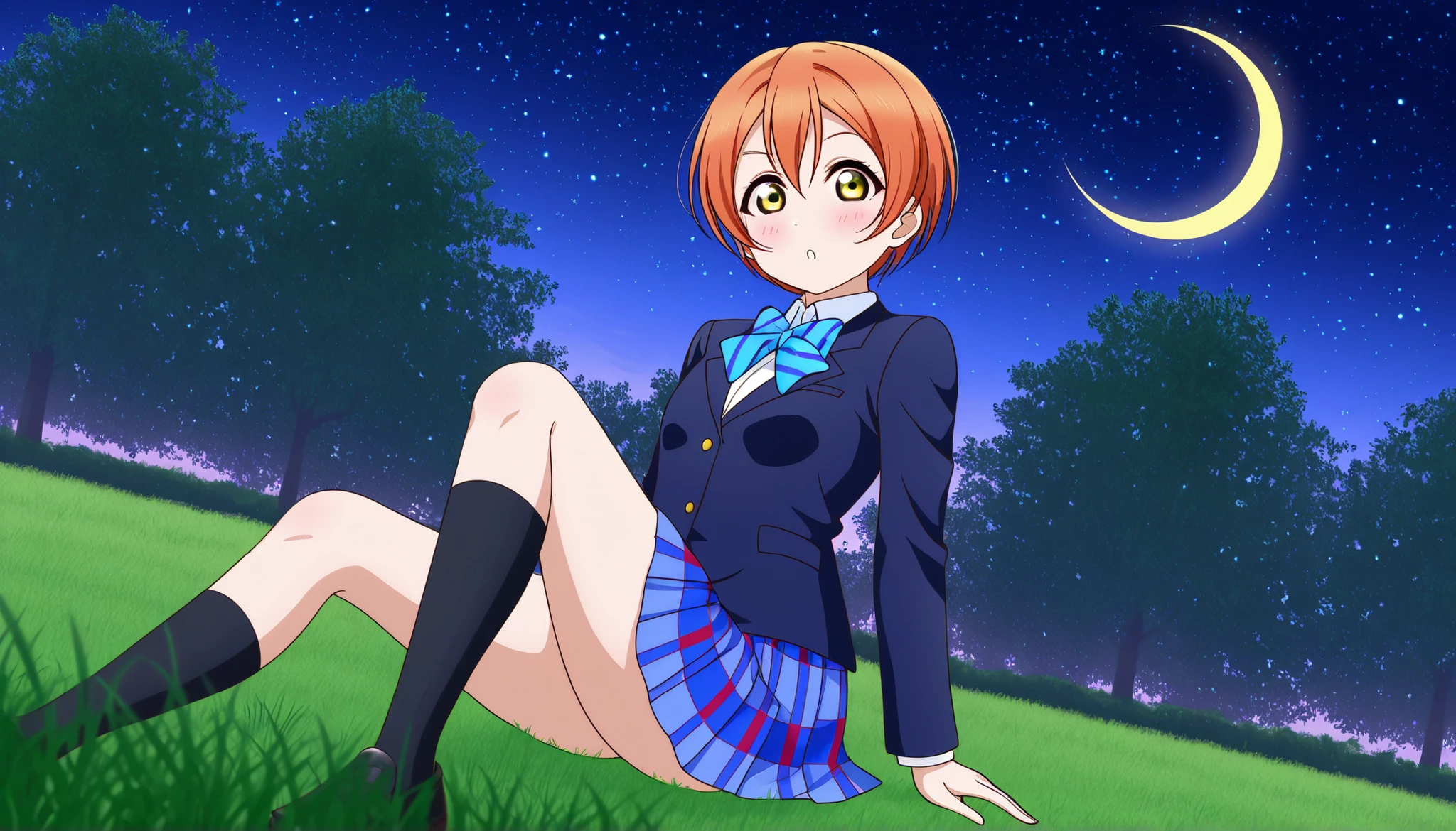 1girl, hoshizora rin, striped, short hair, blush, otonokizaka school uniform, lovelive_rin black blazer, blue plaid skirt, blue stripe bowtie, orange hair, very short hair, hair between eyes, yellow green eyes,knee up,crescent moon, stars (sky),looking at viewer,outdoors, sky,grass,tree,