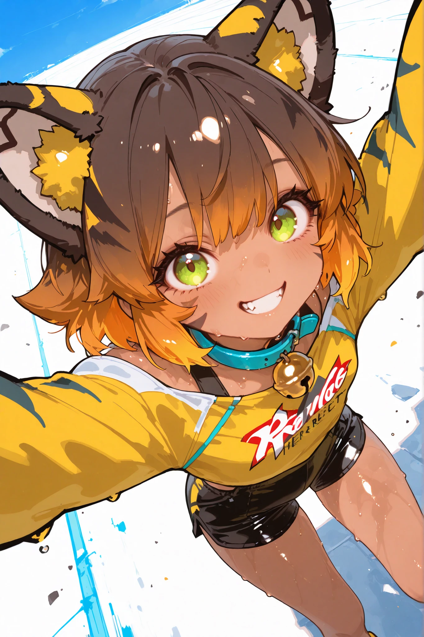 8K、masterpiece , top quality , Good quality , Newest , high resolution , 非常にhigh resolution , 
BREAK
 detail background , Here and there , Absolutely eye catching , Illustration , CG ,
BREAK
Perfect composition , Anime Style,cell image
BREAK
iReflection , eyelash ,
BREAK
1boy , cute男の子 , cute , looking at viewer 、wearing yellow dancewear , I'm wearing black shorts、(sky blue and orange gradation hair) , Tiger Ears , solo , First , tooth , Tan  , pogrove , (from above) ,
BREAK
 white background, path racing , layered photon mapping , bright colours masterpiece , top quality , amazing quality ,
BREAK
Horny Smile,Glossy brown skin,Sweat flying,collar with yellow bell,
BREAK
Spread your arms and ask for a hug,Displaced clothes that show shoulders,Idiot Hair Who Traced My Heart,