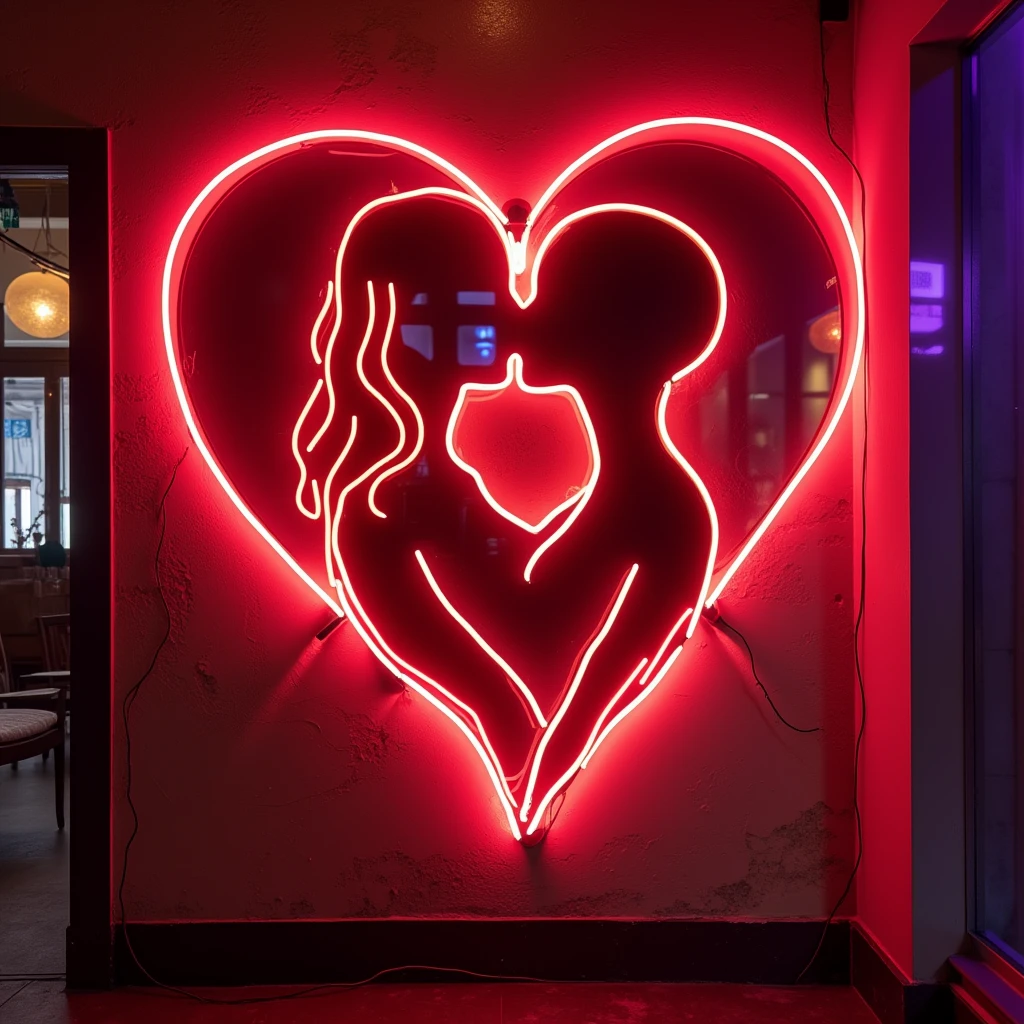 A vibrant neon art piece featuring the silhouette of a couple kissing. The background is adorned with colorful neon heart shapes in blue and orange, creating a striking contrast against the dark backdrop. The overall composition evokes a sense of romance and modern artistic expression, with the couple's silhouette illuminated by the glow of the neon lights.