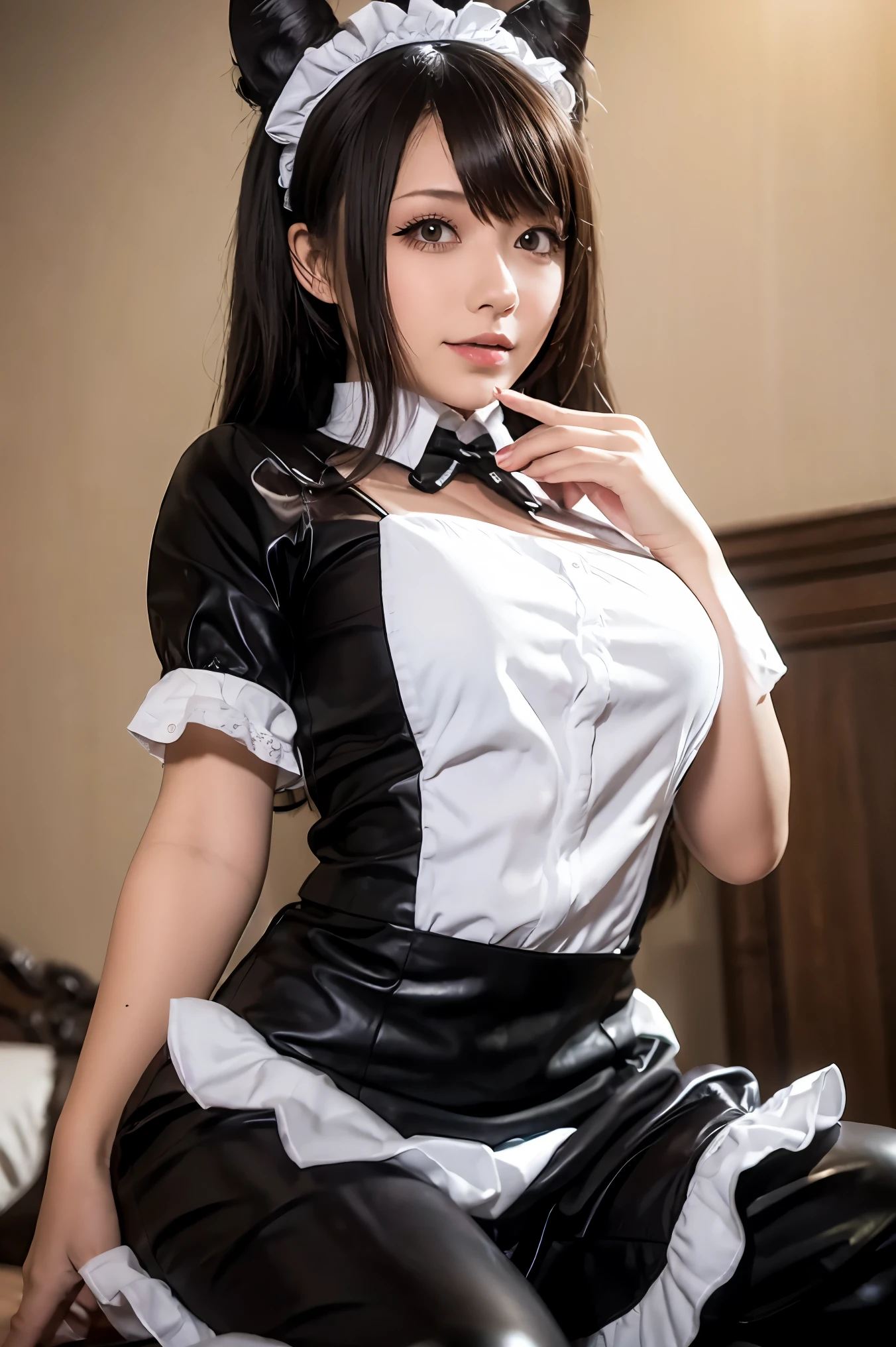 (masterpiece, best quality), 1girl, Dark Brown Twisted Side Ponytail, Size E breasts, <lora:Black_Maid_By_Stable_Yogi:0.8> maid dress, long sleeves, black leggings, black boots, lace trim, maid headdress