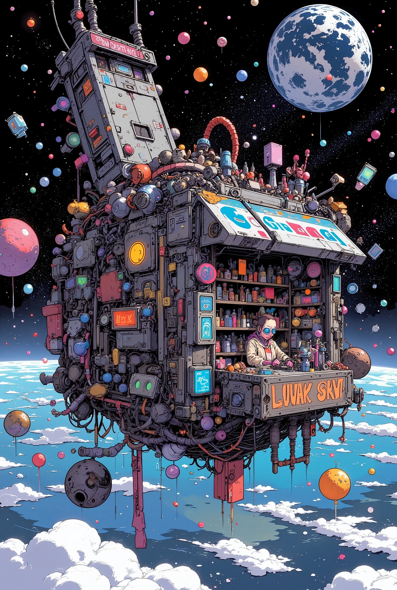 anime-style illustration of a junk shop built onto the surface of an old satellite orbiting Earth, cluttered with floating scrap, robot parts, glowing tools, and neon signage, the shop has an open hatch with shelves full of sci-fi items, a human shopkeeper in a worn-out jumpsuit and goggles is tinkering with a device, Earth visible in the background with stars and satellites, colorful lighting, cinematic composition, whimsical sci-fi atmosphere