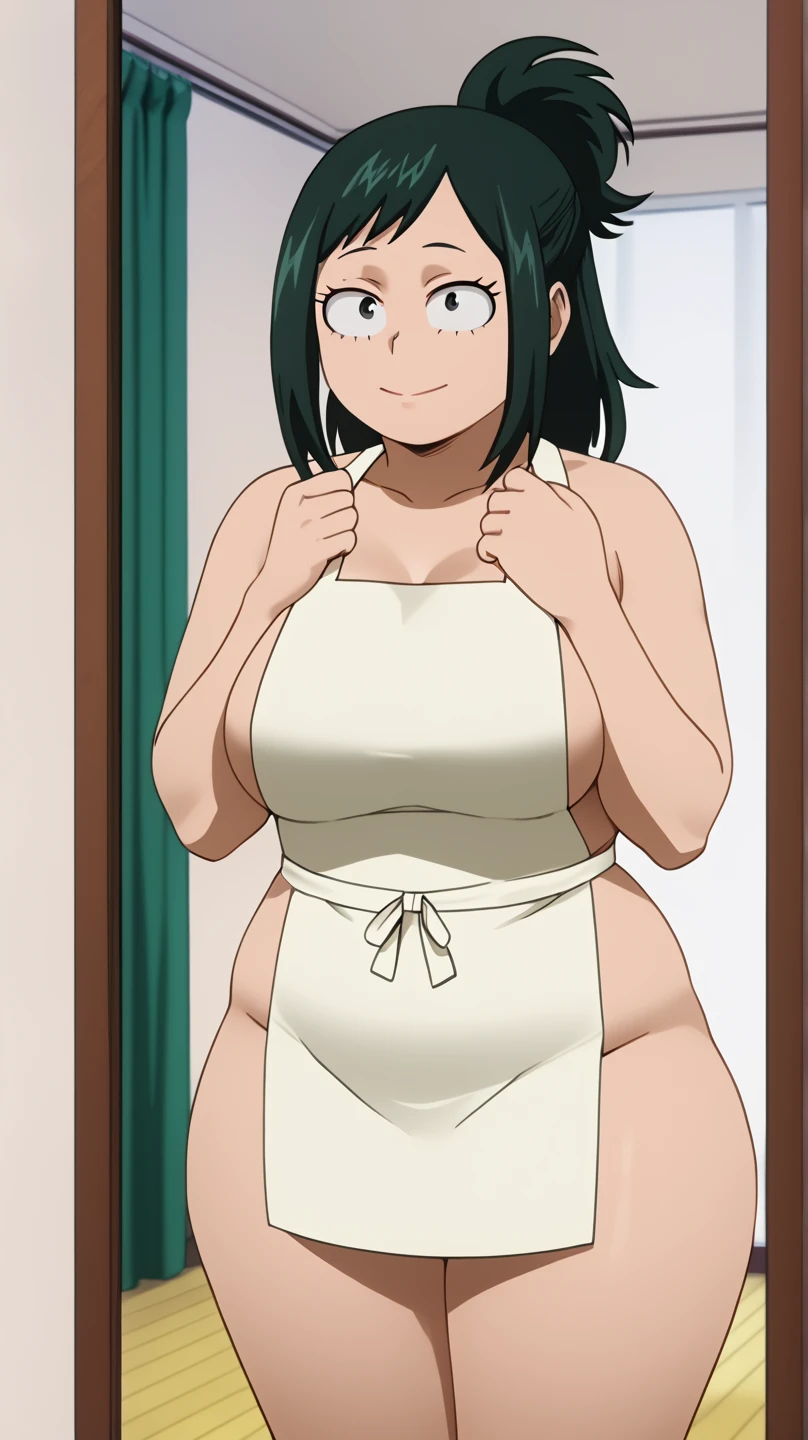 (masterpiece, best quality), shiragiku ono, short hair, dark green hair, dark green eyes, large breasts, medium waist, wide hips, medium thighs, cow bikini, ((cowbell)), bell on the neck, good anatomy, good hands