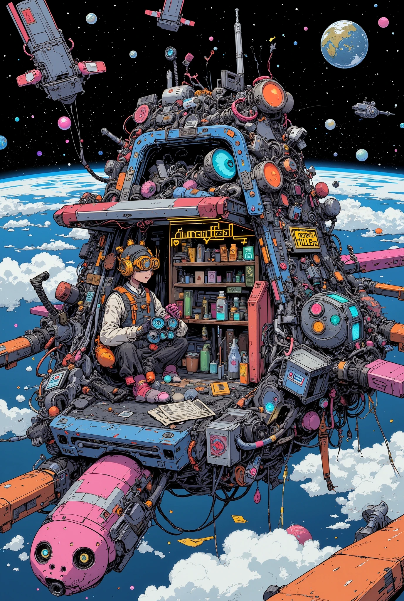 anime-style illustration of a junk shop built onto the surface of an old satellite orbiting Earth, cluttered with floating scrap, robot parts, glowing tools, and neon signage, the shop has an open hatch with shelves full of sci-fi items, a human shopkeeper in a worn-out jumpsuit and goggles is tinkering with a device, Earth visible in the background with stars and satellites, colorful lighting, cinematic composition, whimsical sci-fi atmosphere