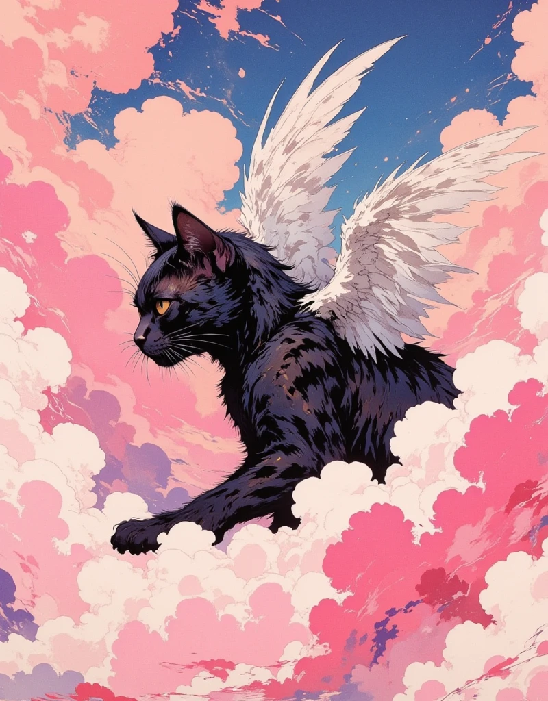 cinematic film still award winning photo .A little black cat with angel wings floating in a sky full of soft pink clouds,shallow depth of field, vignette, highly detailed, high budget, bokeh, cinemascope, moody, epic, gorgeous, film grain, grainy,anime, cyberpunk, Comic book style