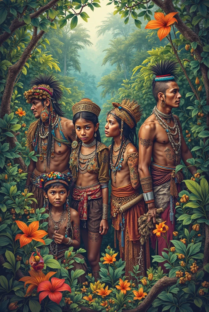 Create an image by mixing a work from the Amazon by Sebastião Salgado in the Remero Brito style