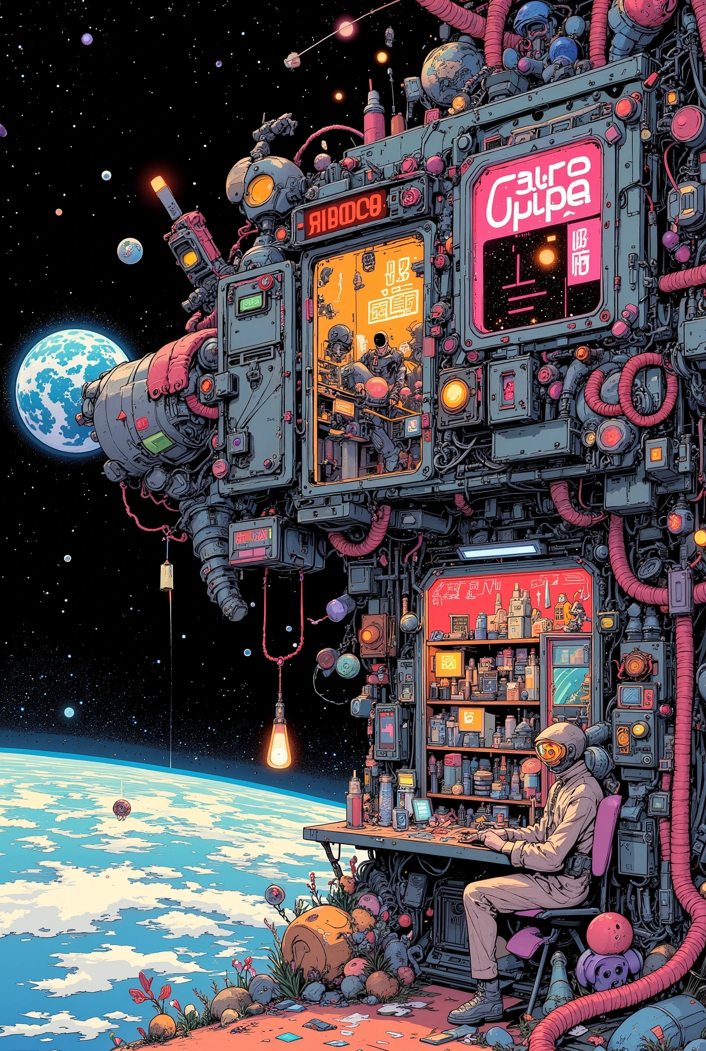 anime-style illustration of a junk shop built onto the surface of an old satellite orbiting Earth, cluttered with floating scrap, robot parts, glowing tools, and neon signage, the shop has an open hatch with shelves full of sci-fi items, a human shopkeeper in a worn-out jumpsuit and goggles is tinkering with a device, Earth visible in the background with stars and satellites, colorful lighting, cinematic composition, whimsical sci-fi atmosphere