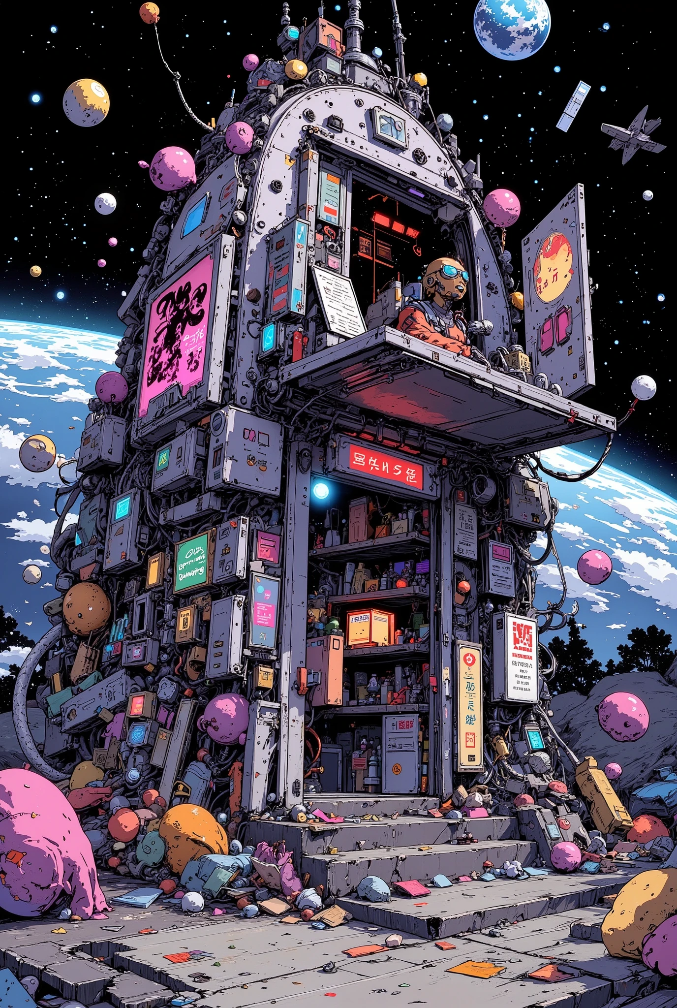 anime-style illustration of a junk shop built onto the surface of an old satellite orbiting Earth, cluttered with floating scrap, robot parts, glowing tools, and neon signage, the shop has an open hatch with shelves full of sci-fi items, a human shopkeeper in a worn-out jumpsuit and goggles is tinkering with a device, Earth visible in the background with stars and satellites, colorful lighting, cinematic composition, whimsical sci-fi atmosphere