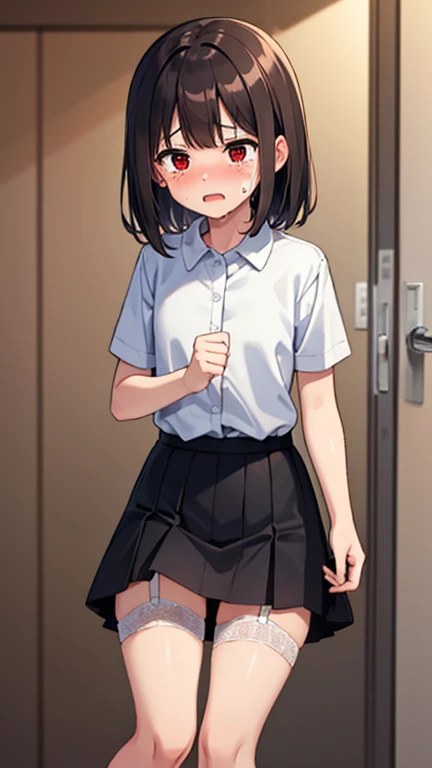 (((((Dildo on the floor:1.5, standing, spread legs:1.5, Point your knees outwards:1.5 ) behind head,spread legs, Push your hips forward,pussy juice , Voluptuous body, Slut、No pants, (Dildo on the floor, standing, spread,arms behind head, Point your knees outwards:1.5, Sweat,)))), Realistic composition, Doujinshi scene,, Big Thighs, Pleated skirt, White Shirt, Angry face, blush, from below