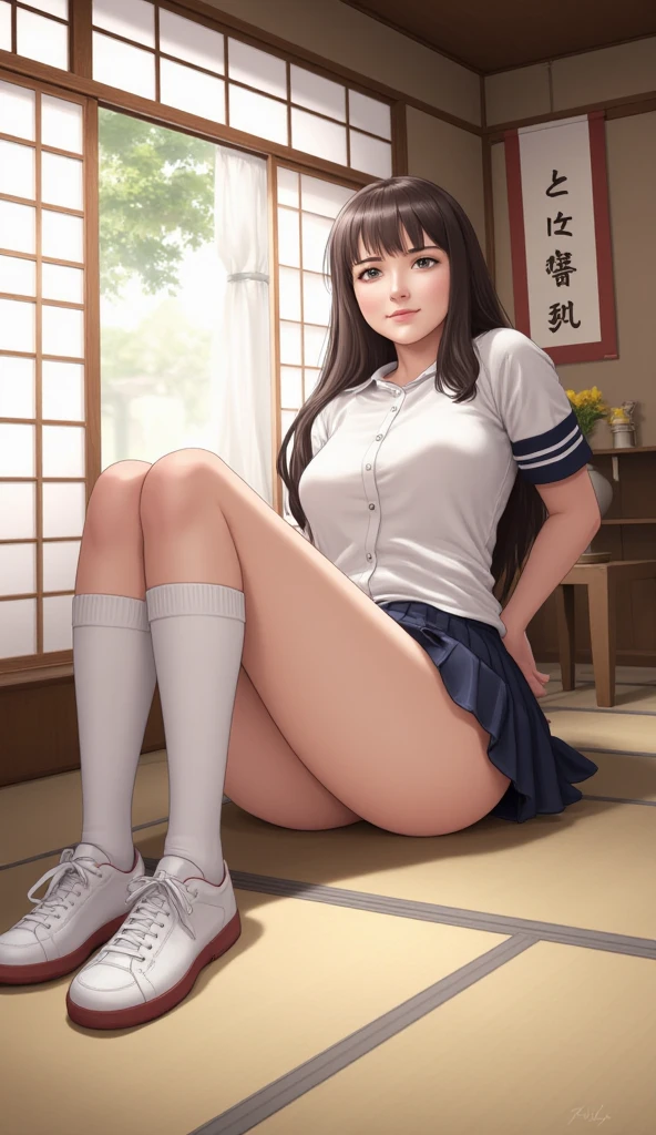 Girl in a skirt doing ahegao with box in the center of her leg and a girl with one hand inside the box in a bathroom