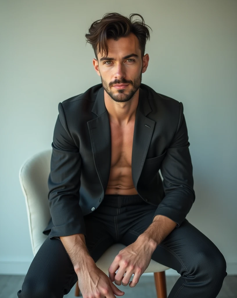 Handsome shirtless man in black pants with belt sitting on the couch looking forward wanting to fuck and biting his lower lip