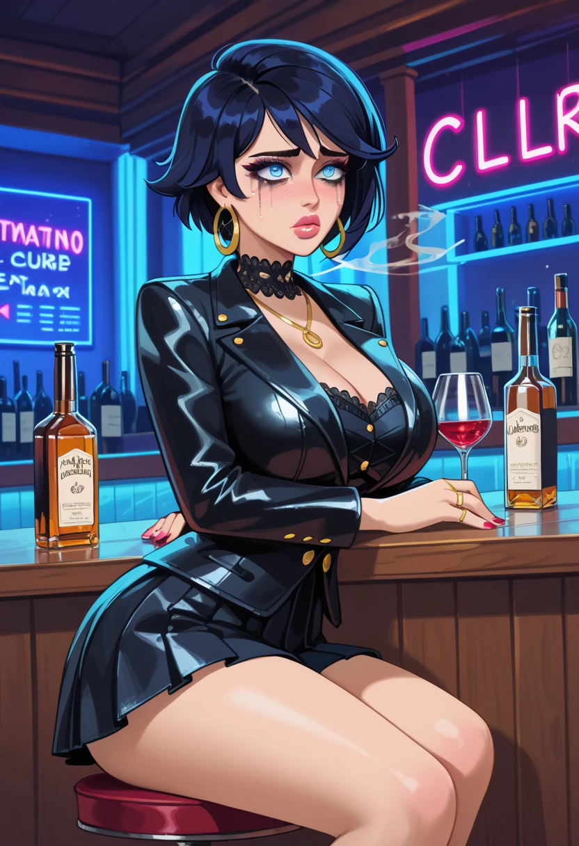 by Zackary911, kenket, kilinah, Zackary911, (((nala, woman, breasts, antrum, extremely detailed, extremely detailed legs, extremely detailed arms, extremely detailed face, perfectly detailed eyes, perfectly detailed anatomy))): 1.2, solo, perspective, curved thighs, huge thighs, curvature, embarrassed smile, (tail), totally blushed, nervous, looking at the viewer, blue eyes, black choker, gothic outfit, green tank top, black skirt, Fishnet stockings, boots, gothic makeup, Nightclub, neon lights, Fishnet gloves, bar, sitting on a chair