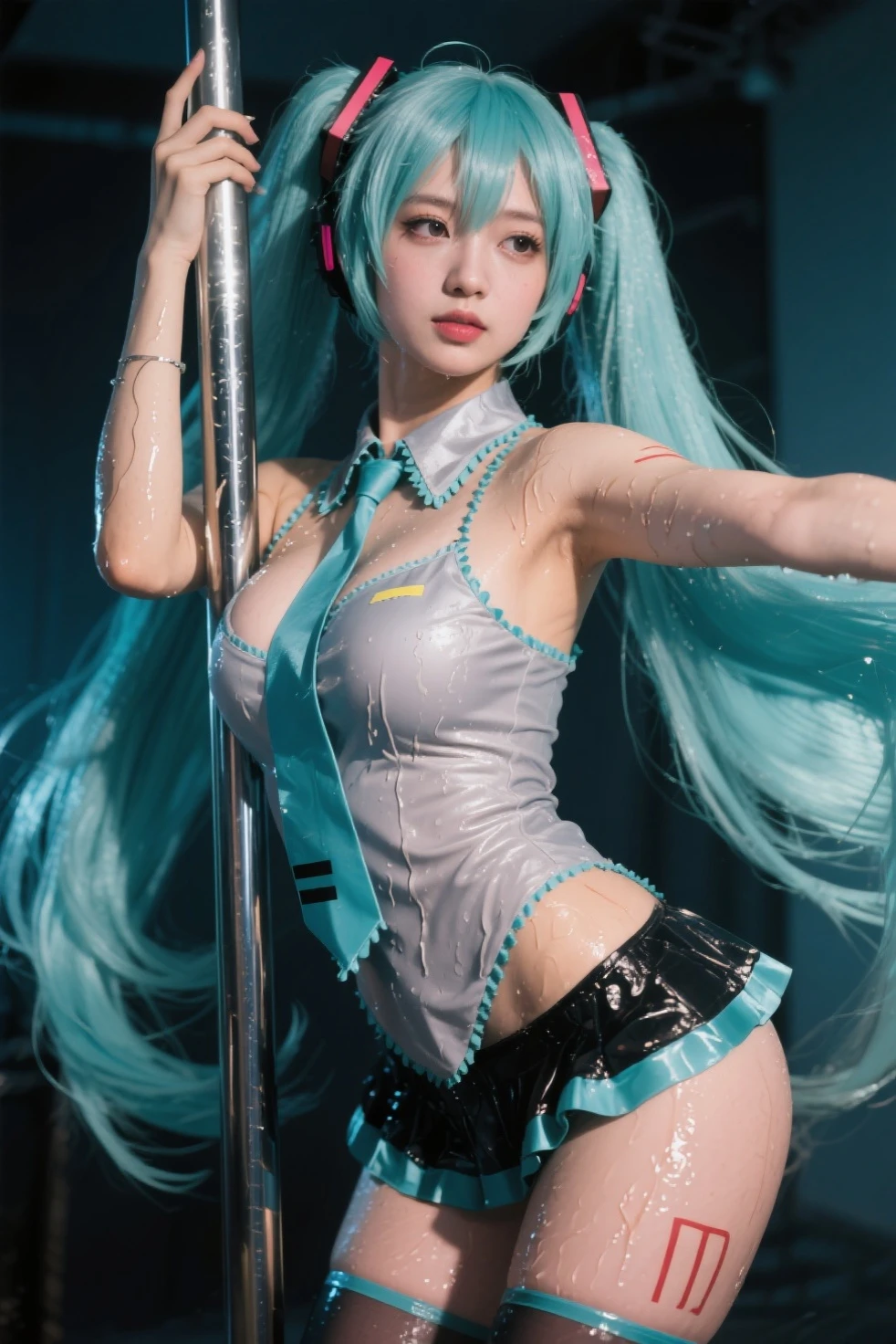 NSFW:1.4、Masterpiece、最high quality、high quality、High definition、High resolution、High detail、Lens flare、Ray Tracing、high qualityのテクスチャー、high qualityの影、Beautiful details、Detailed explanation、Detailed texture、Realistic facial expression、Realistic and colorful、Delicate、Cinematic Light、Side light、Sharp Focus、(1 Adult female:1.3)、(Intricate detailakeup、Pure Eros Face_v1:0.5)、(Details Beautiful delicate face、Detailed beautiful delicate eyes、Perfect Facial Proportions、Detailed skin、Charm、Detailed chest、Large upward-facing breasts)、(Chest protrusion:1.5)、(See-through)、Wet、(No panties:1.5)、slender、sexy、Underboob、High Leg、V-Cut、Hatsune Miku、Seafoam green hair color、Fancy Twin Tails、Beautiful bangs、(Lift-up mini skirt)、(Mini skirt soaring in the wind)、(high slit)、Knee-high boots、White shirt、tie、Headphones、Removing the Sleeve、Raise your knees、Cyberpunk City、Full body photography、(Take a deep breath、Work on this image step by step)