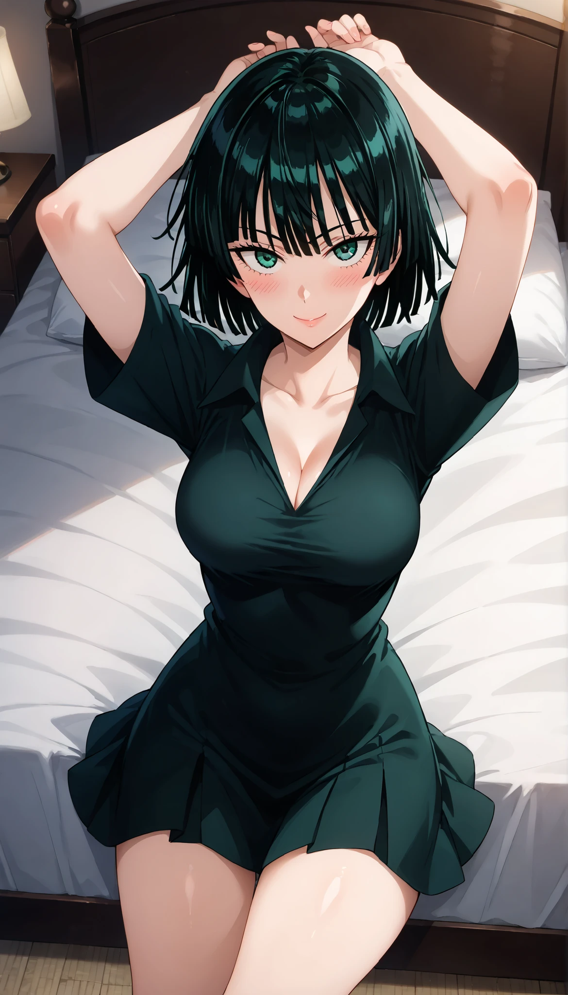 (((masterpeace))),(((High Quality))),Fubuki (One-Punch Man),dark haired,short hair,black shirt,cleavage,black tight skirt,Medium Breasts,((Raising Your Arms)),((angle from above)),(bed),((Smiling)),((Blush)),Ulchan - 6500-v1.1, (RAW pictures:1.2), BEAUTIFUL DETAILS, very detailedな目 美しい目,beautiful eyes,green eyes, octane rendering, high resolution, very detailed, top quality, [masterpiece:1.6], Awareness-raising, very detailed, CG, fine, top quality, 8K Wallpaper,((perfect body)),very detailed,thighs