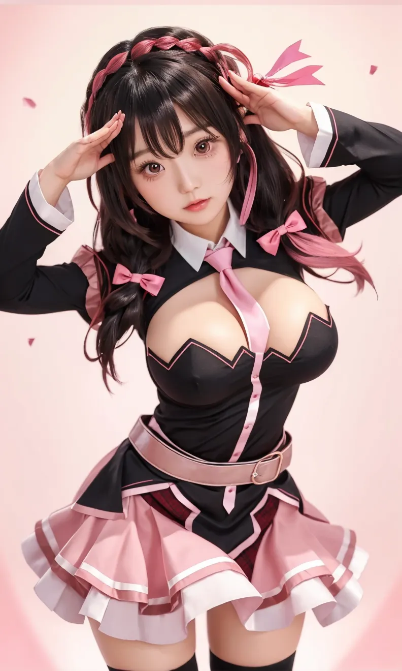 One woman、、28 years old、、Idol、、((whole body))、、、Stylish、、Cute face、、、Alley、、、(Brown Hair)、、、((Black and pink uniform))、、、ponytail、 、、、Dynamic pose、、Excited expression、Head to Toe、、、(Big Breasts)、Pose like an idol、、((full BODY))、、(full shot)、、Twin tails、、、(whole body)、、、(round face)、、、(mini skirt)、、、night、、、squat