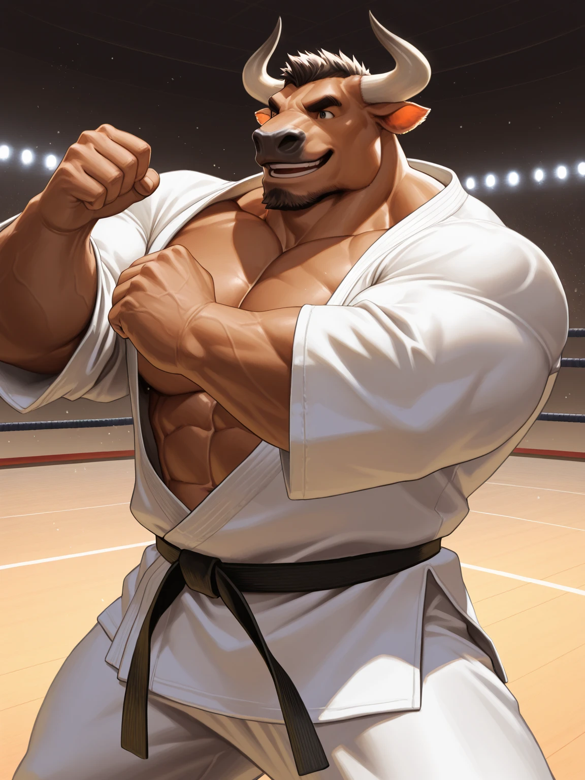 lindong, lucusold, lanxus, a man with a huge muscle, furry deer wearing ((karate uniform:1.2)), dojo, ((muscular, sixpack)), angry, bearded , thicc, lowres, giant and muscular, danbooru and artstation, heavy detailed, insanely inflated hips, proportionally arms, commission for high res, detailed but rough, semirealistic:1.3
