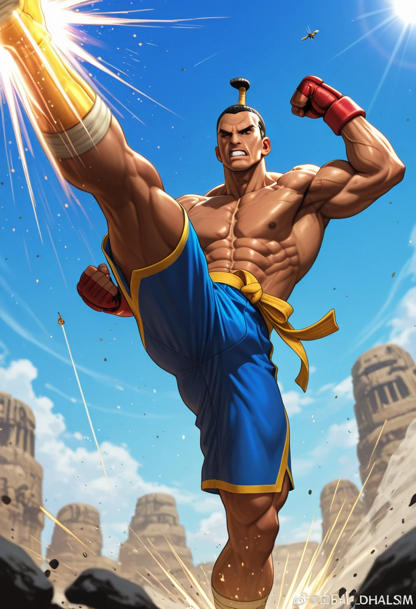 painting of a man kicking a kick with a red boxing glove, fighting game character, fighter pose, king of wrestlers character, as a character in tekken, in a fighting pose, in a fighting posture, fighting pose, fighting pose, fighting posture, in fighter poses, heroic muay thai posture pose,  inspired by Daryush Shokof --auto