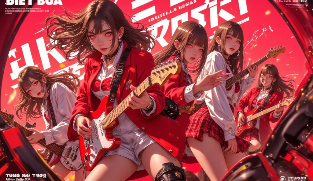 schoolgirls,Bundled ponytail,Red dress,,singing on stage, Stage lighting, Glare.