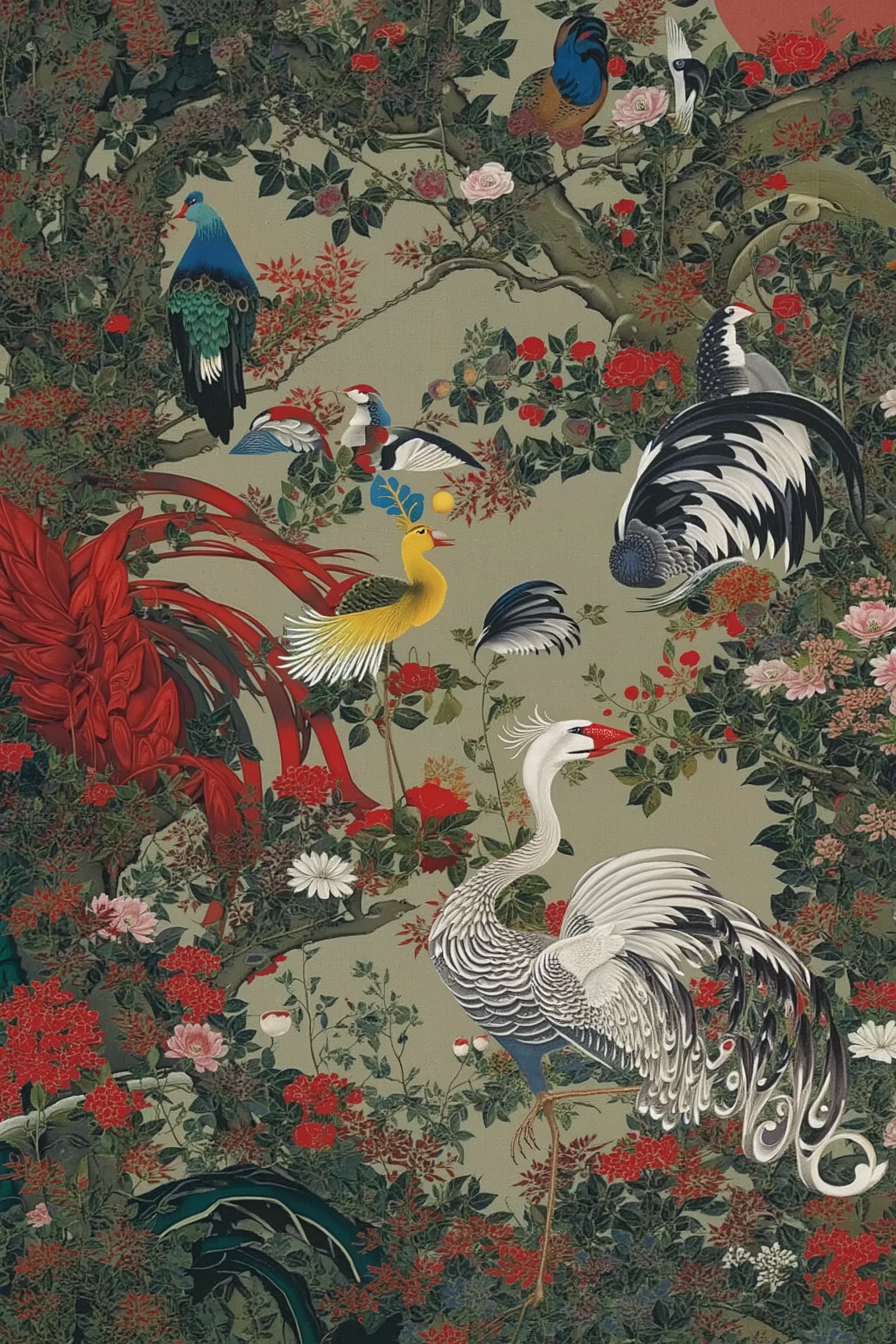 ito jakuchu,nihonga,bird,branch,tree,plants,summer,colorful